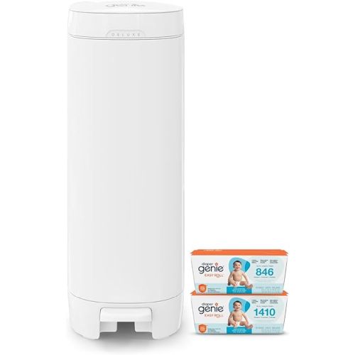 Diaper Genie Deluxe Gift Set Pail – Diaper Disposal Made in Stainless Steel | Hands-Free Foot Pedal & Easy-Glide Function| Includes 2 Easy Roll Refills (48 Bags) | Baby Shower Gift