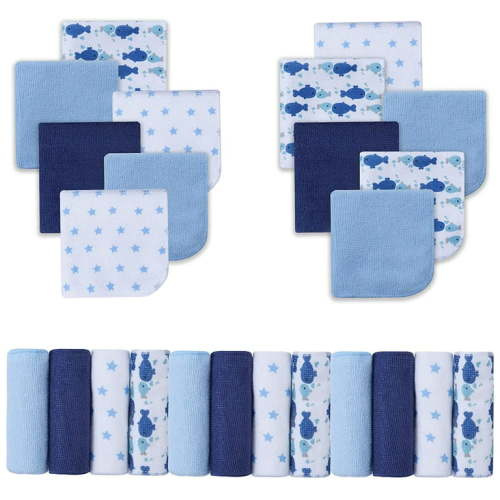 "Viviland Soft 24-Pack Unisex Baby Washcloths, Super Absorbent 9""x 9"", Dark Blue Whale Pattern"