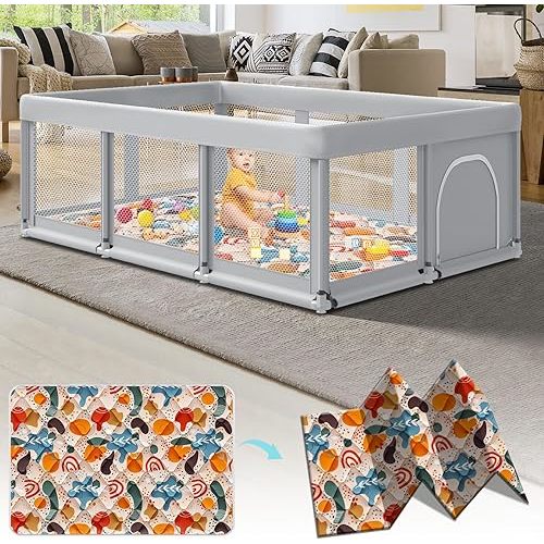 74" ×50" Large Baby Playpen, Baby Playard for Babies and Toddlers, Play Pens for Indoor & Outdoor, Sturdy Safety Play Yard with Soft Breathable Mesh, Anti-Fall, Grey (with MAT)