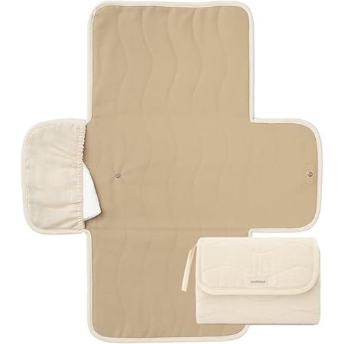 Toddlekind Mini Maven Portable Changing Pad – Organic Cotton & Water-Resistant Polyester – Travel-Friendly, Foldable Change Mat – Tofu Beige Stripes with Wave Stitching – Chic, Durable, Easy to Clean