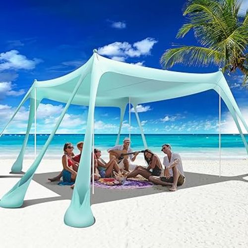 Beach Canopy Beach Tent Pop Up Shade 10x10ft Sun Shelter UPF50+ with 8 Sandbags-2 Sand Shovel-4 Aluminum Poles-Ground Pegs-Portable Carrying Bag for Outdoor Family Camping Fishing Yard Picnic
