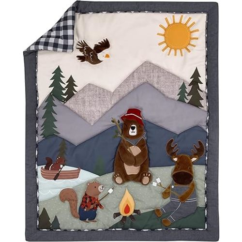 NOJO Into The Wilderness Navy, Green, and Brown, Camping Bear, Moose, Eagle, and Beaver Campfire 4 Piece Nursery Crib Bedding Set - Comforter, Cotton Fitted Crib Sheet, Crib Skirt, and Storage Tote