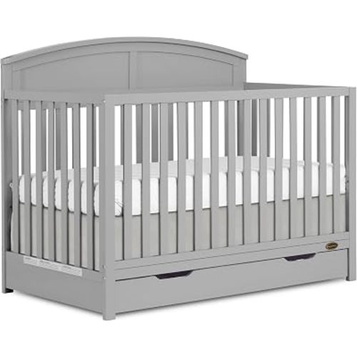 Dream On Me Storybrooke 5-in-1 Convertible Full-Size Crib with Under Drawer, Pebble Grey, GreenGuard Gold & BSA, Convert to Toddler, Day & Full-Size Bed, 3 Mattress Heights, Sustainable Pinewood