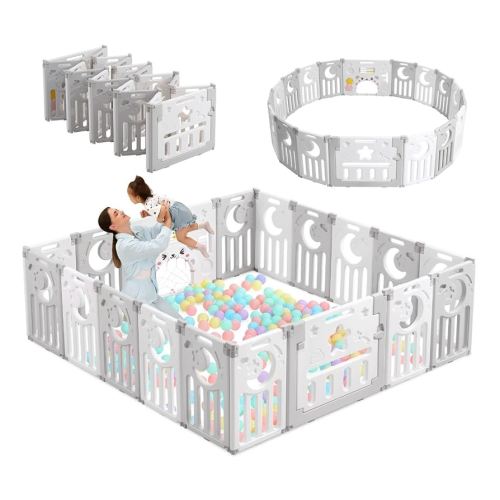 Baby Playpen, Dripex Foldable Playpen for Babies and Toddlers, Custom Shape Baby Fence, Safety Play Yard with Gate, Portable Play Area for Indoor or Outdoor, Grey White, 18 Panel
