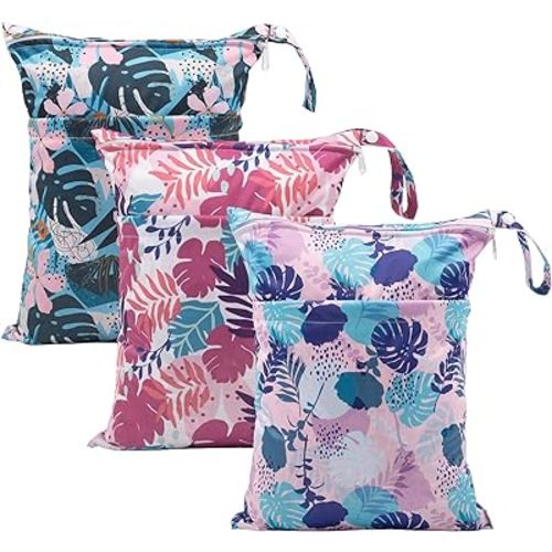 babygoal Wet Dry Bags for Baby Cloth Diapers, Washable Travel Bags, Beach, Pool, Gym Bag for Swimsuits & Wet Clothes with Two Zippered Pockets 3 Pack, 3LN19