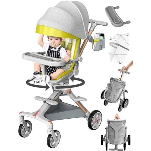 Lightweight Stroller with Snack Tray, Portable Stroller, Compact Travel Stroller with 360°Rotational Seat, Extra Large Storage Basket, and 5-Point Safety Belt Stroller for Toddlers 2-4 Years
