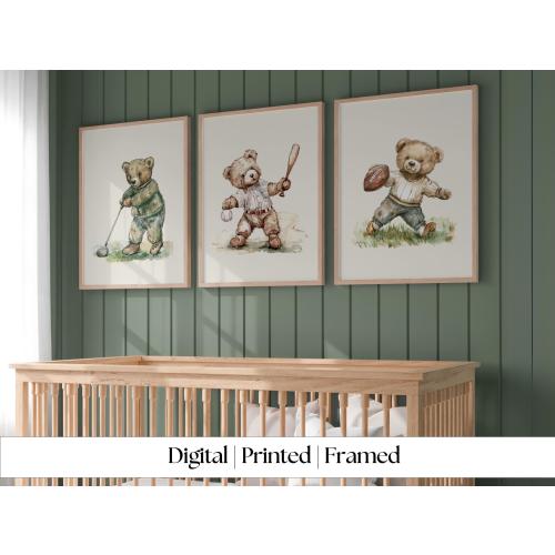 Sport nursery set of 3, Boy nursery wall art sport, Vintage boy nursery, Teddy Bear Nursery, Green,golf,baseball,football,soccer,basketball