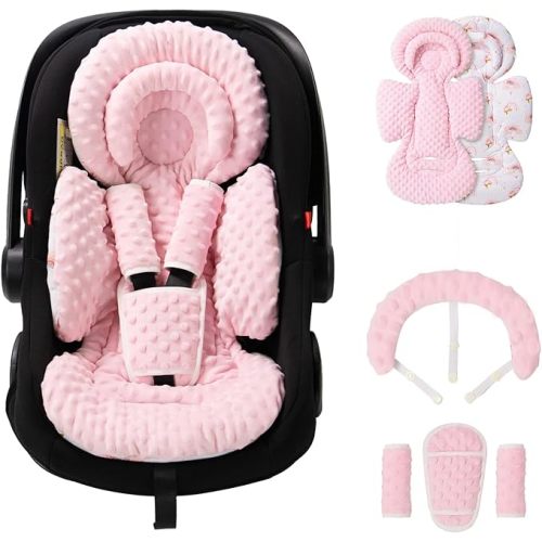 TinlyFinly Infant Car Seat Insert with Extra Cushion for Preemie to Toddler, Reversible Newborn Carseat Insert for Baby Head Body Support, Fits for Stroller, Baby Swing, Bouncer - Dots, Pink