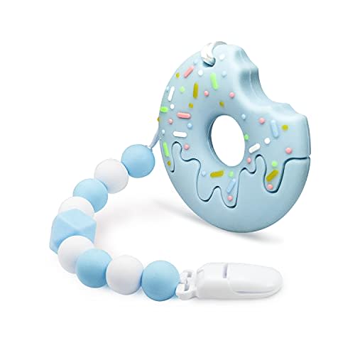 oein Baby Teething Toys for 3-6 6-12 Months Babies with Donuts Cookie Design, Silicone Teethers with Relief Beads Binky Holder and Pacifier Clips for Boys and Girls (Blue)