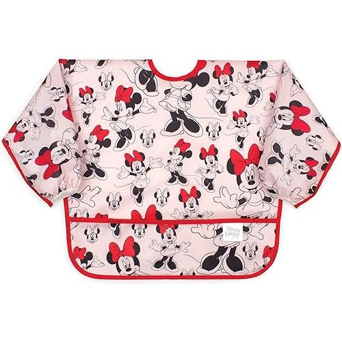 Bumkins Disney Bibs, Baby and Toddler Girls and Boys 6-24 Months, Long Sleeve, Essential Must Have for Eating, Feeding, Mess Saving Lightweight Waterproof Fabric Sleeved Smock, Minnie Mouse Classic