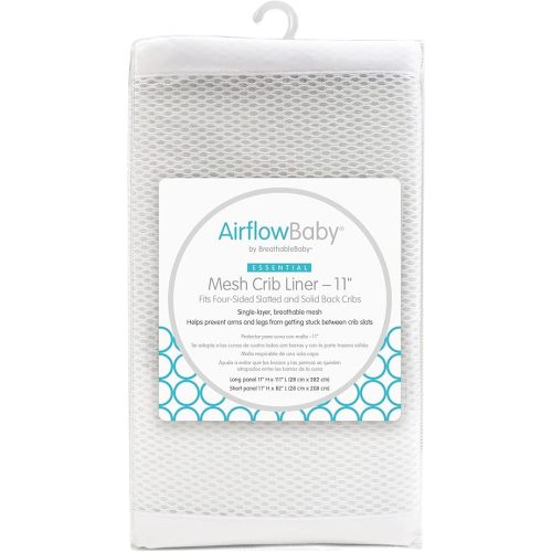 AirflowBaby by BreathableBaby, Breathable Mesh Liner for Cribs with 52"x28" (132x70cm) Mattress, White, Essential 2mm Mesh, 11" H (28cm) Style Covers 3 or 4 Sides, Safety Tested (Not for Mini Cribs)