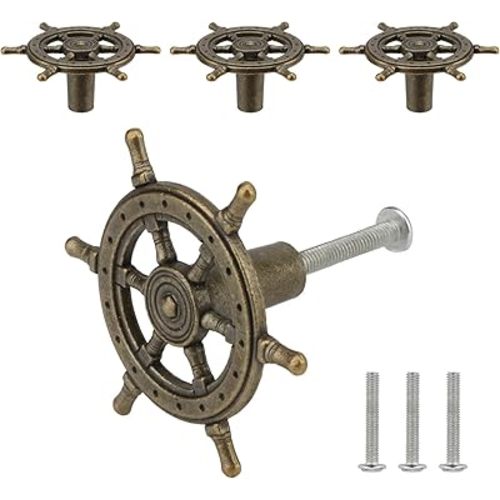 Ship Rudder Knobs Nautical Wheel Cabinet Drawer Pulls Beach Themed Coastal Drawer Knobs for Furniture Wardrobe Cupboard Decorative Single Hole Handles 4 Pcs (Bronze)