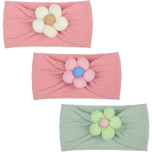 MIUXUESO 3 Pcs Baby Flower Headbands Baby Girls Nylon Headbands Soft Hairbands Hair Accessories for Newborn Infant Toddler Kids (Rose Pink Green)