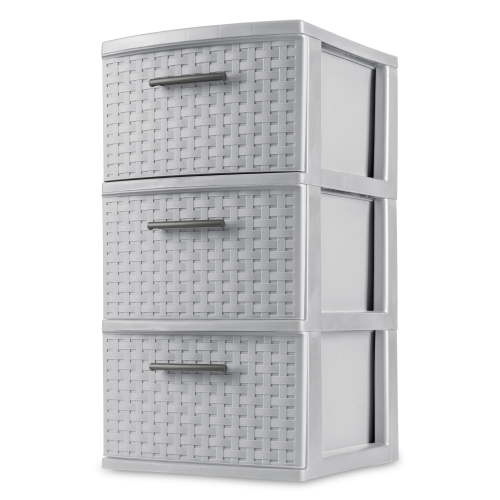 Sterilite 3 Drawer Tower, Slim Plastic Weave 3 Drawer Tower with Pull Handles, Gray, Pack of 2