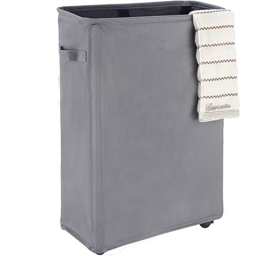 Caroeas 22" Slim Rolling Laundry Basket with Card Waterproof Laundry Storage Hamper Corner Fittable Storage Bag Collapsible Rolling Hamper Flexible Laundry Bag On Wheel For Home,Office (Slim 22",Grey)