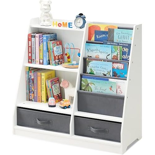 Kids Bookshelf and Toy Storage, 4 Tier Bookshelf for Kids Room, Wooden Kids Book Shelf with Sling Book Rack, Bookshelf for Kids Room (White)