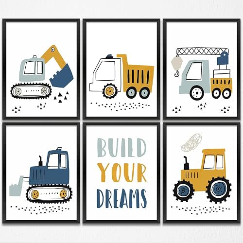 Construction Truck Prints Wall Art Nursery Decor Boys Room Decor Cute Toddler Vehicle Tractor Pictures Paintings Artwork for Home Bedroom Playroom Baby Nursery Wall Decoration (8"x10",6Pcs, Unframed)