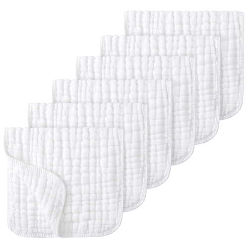 Sueriy 6 Pack Muslin Burp Cloths 100% Cotton Large 20''x10'' Extra Soft and Absorbent Baby Burping Cloth for Boys Girls,Pure White,6 Pack