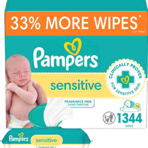 Pampers Baby Wipes, Sensitive, Water Based Wipe, Clinically Proven, Hypoallergenic, and Unscented for Babies, 1344 Wipes Total (16 Flip-Top Packs)