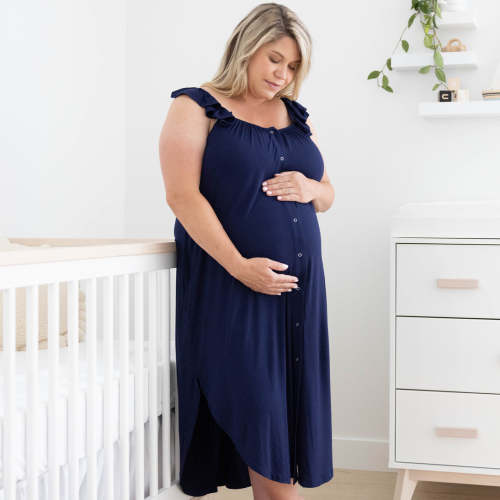 Ruffle Strap Labor & Delivery Gown | Navy | XL,XXL