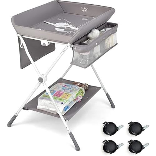 BABY JOY Baby Changing Table, Height Adjustable 4 in 1 Folding Diaper Station w/Detachable Wheels, Safety Belt, Storage Rack & Bag, Waterproof Pad, Portable Nursery Organizer for Infant Newborn, Gray