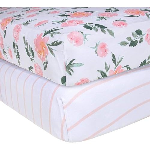 Burt's Bees Baby Fitted Crib Sheet Organic Cotton BEESNUG - Autumn Bloom and Stripe Prints, Fits Unisex Standard Bed and Toddler Mattress, Infant Essentials, 52 x 28 Inch 2-Packs