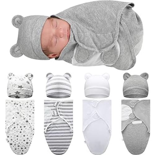 Buryeah 4 Pack Preemie Swaddle Blanket Wrap Set with Hat for Baby Boys Girls 3-7 Lbs Preemie Newborn Clothes Sleepers Cap (Gray,Star)