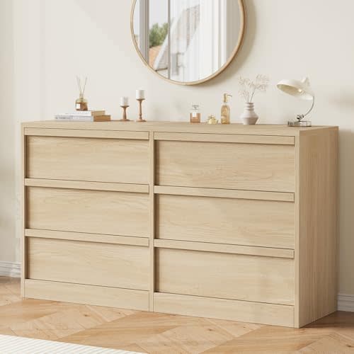 GarveeHome 6 Drawer Dresser for Bedroom, 46in Wide Natural Oak 6 Chest of Drawers with Large Storage, Wooden Dresser Organizer for Living Room, Nursery, Entryway