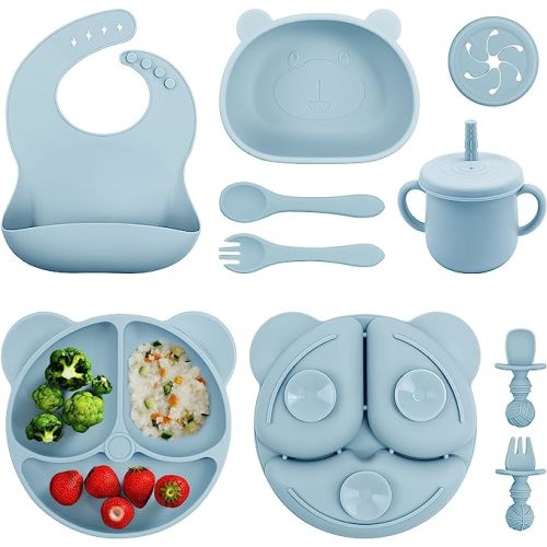 Baby Led Weaning Supplie,Silicone Baby Feeding Set with Suction Plate and Bowl,Toddler Self Feeding Essentials with Spoons Forks Bib Sippy Cup,Eating Utensils for 6+ Months (10 Pcs) - 10 Pieces