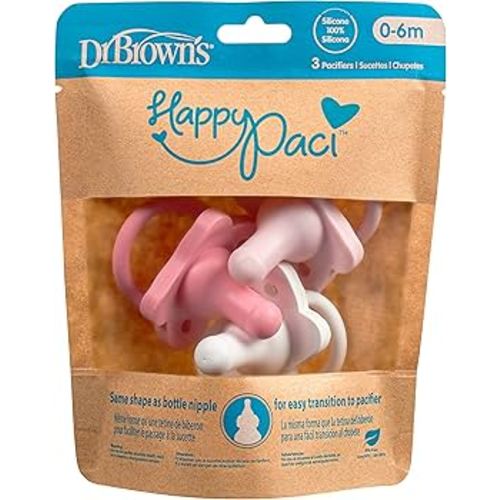 Amazon.com : Dr. Brown's HappyPaci 100% Silicone Baby Pacifier, Contoured One-Piece Design, White, Pink, Light Pink, 0-6m, BPA-Free, 3 Pack : Baby
