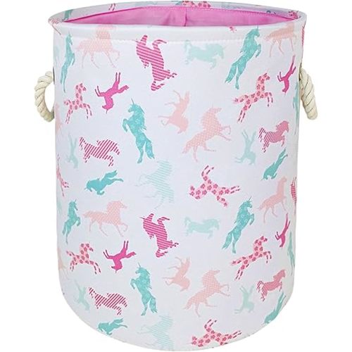 Canvas Thick Clothes Basket Laundry Hamper with Handles Cotton Storage Organizer Bins for Kids Boys Girls Toys Nursery Gift Basket (Colorful unicorn)