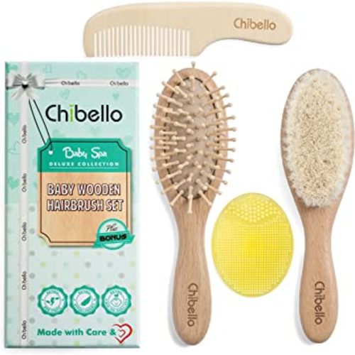 Chibello Baby Hair Care Set - 4 Piece Wooden Brush and Comb Set with Natural Goat Bristles, Ideal for Preventing Cradle Cap, Perfect for Baby Shower and Registry