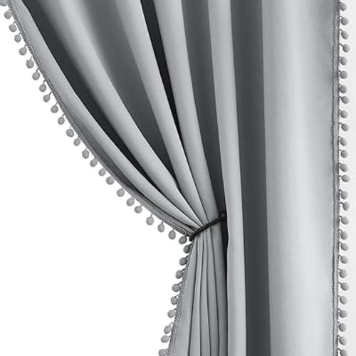 Pompom Full Blackout Curtains Grey Window Curtains for Basement 54 inches Thermal Insulated Room Darkening Curtain Drapes for Nursery 2 Panels