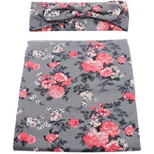 FasterS Infant Floral Swaddle Wrap with Headbands Hats Value Set Newborn Receiving Blanket Photography Props 35X35inch (Gray-2)