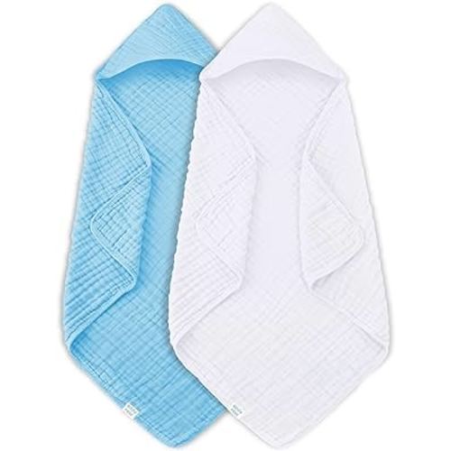MOON PARK 2 Pack Muslin Hooded Baby Bath Towels for Newborns, Infants, Toddlers - 100% Cotton - Large 32x32Inch Size - Highly Absorbent and Essential, White and Aqua