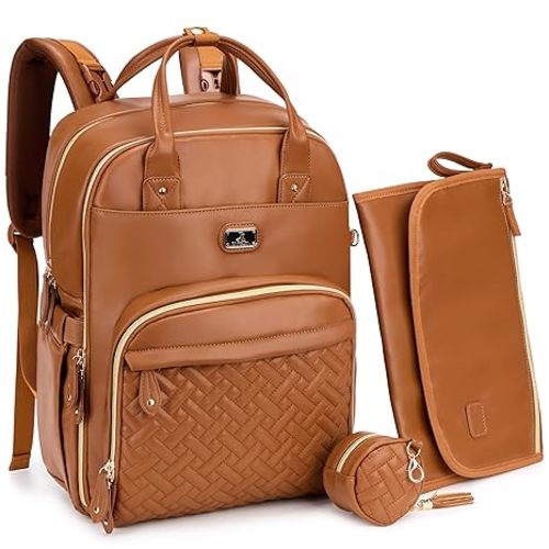 Dikaslon Leather Diaper Bag Backpack with Portable Changing Pad, Pacifier Case and Stroller Straps, Large Unisex Baby Bags for Boys Girls, Multipurpose Travel Back Pack for Moms Dads, Dark Brown