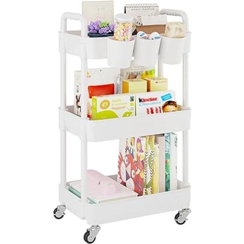 UDEAR 3-Tier Rolling Utility Cart,Multifunctional Storage Shelves with Handle and Lockable Wheels for Room,Office,Kitchen,Bathroom,with 3 Hanging Cups,White