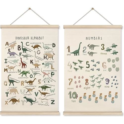 HRQKO Dinosaur Alphabet Poster Hanger Frame Set of 2, Dinosaur Wall Decor, Nursery Wall Decor, ABC Poster Wall Art with Wooden Frames, Alphabet Banner Wall Hanging Decor for Boys Room, 16x24 Inch