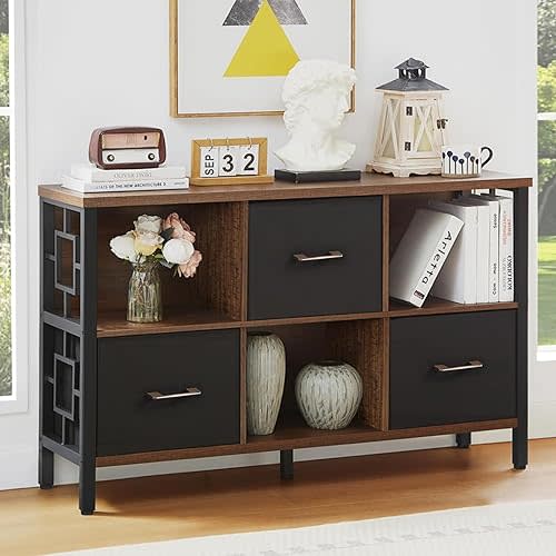 HOMISSUE 6 Cube Storage Organizer Shelf, Rustic Short Bookshelf with 3 Cube Storage Bin, Industrial Horizontal Bookshelf with Metal Frame, Low and Wide Bookcase for Living Room and Office, Brown