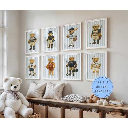 Teddy Bear Sports Nursery Wall Art Set of 8 Printable Illustrations for Kids Room, Baby Boy Shower Gift, Sports Themed Child Decor Striped