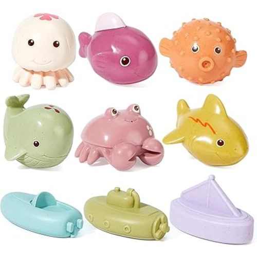 Mold Free Baby Bath Toys for Babies 6-12 Months 9 Pack No Hole sea Animal and Floating Boats Bathtub Pool Shower Toys Christmas Birthday Gift for Toddlers Infants Girls Boys