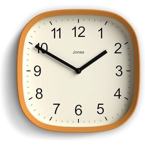 JONES CLOCKS® Sprite wall Clock | Modern Retro Rounded Square Clock | 10 inch | Mustard Yellow | Easy to Read Numbers | Perfect for Kitchen or Office