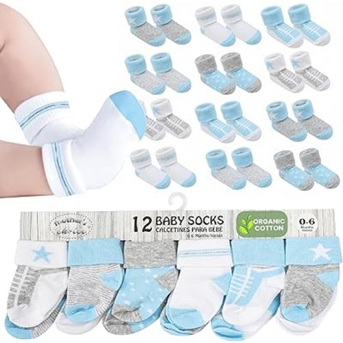 Organic Cotton Baby Socks, 12 Pairs, Unisex 0-6M - Soft, Hypoallergenic Newborn & Infant Socks - Baby Girl & Boy Gifts, (US, Age, 0 Months, 6 Months, 12, Blue - Gray - White)