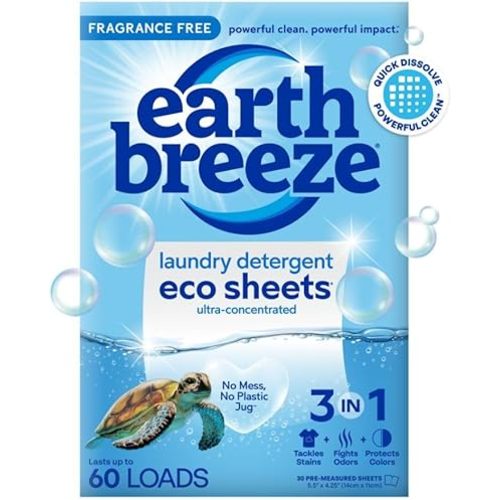 Earth Breeze Laundry Detergent Sheets - 30 Detergent Sheets - 60 Loads - Concentrated Liquidless Laundry Soap - No Plastic Jug - Fragrance-Free