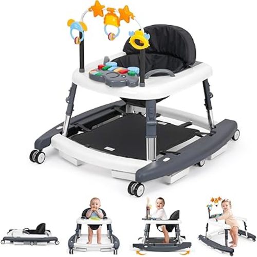 5-in-1 Music and Lights Baby Walker Foldable with 5 Adjustable Heights, Baby Walker with Wheels and Bouncer Combo Portable, Infant Toddler Walker for Baby Boy Girls 6-18 Months
