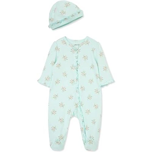 Little Me Clothes for Baby Girls 100% Cotton Scratch-Free Tag Footed One-Piece Romper and Hat Sleeper Set Preemie to 9 Months