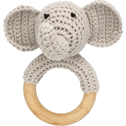 Woodland Friends Baby Rattle Shaker Toy with Wooden Teething Ring Gray Elephant
