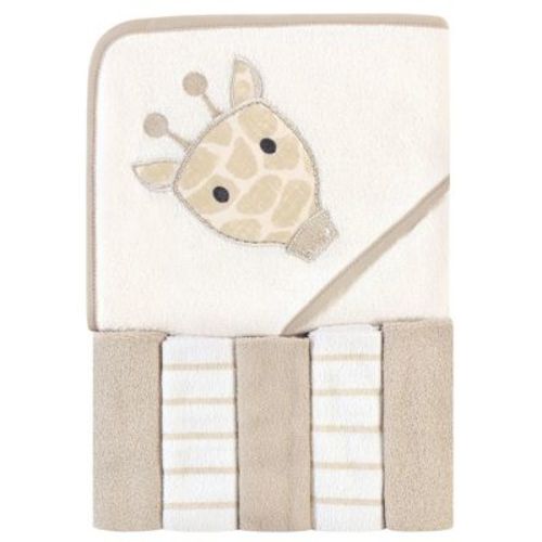Hudson Baby Infant Unisex Hooded Towel And Five Washcloths, Modern Giraffe, One Size