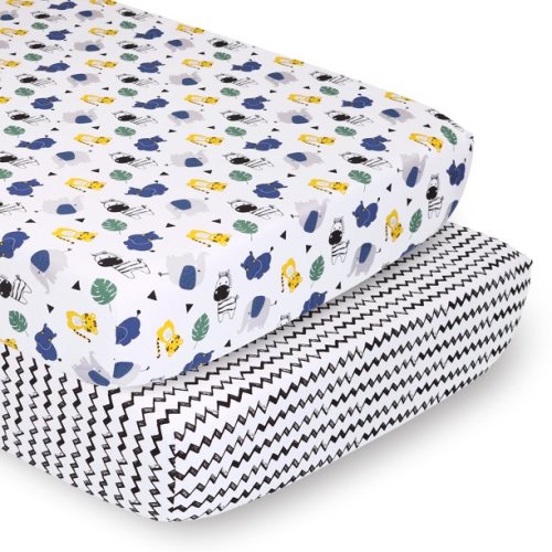 The Peanutshell Fitted Crib Sheet Set for Baby Boys or Baby Girls, Safari Party Animals, 2 Pack Set
