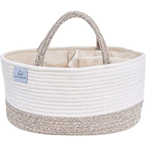 Baby Large Cotton Rope Diaper Caddy | Organizer Storage Bin for Nursery Essentials | Portable Bag for Changing Table and Car | 100% Natural Cotton | Eco friendly (White & Brown)
